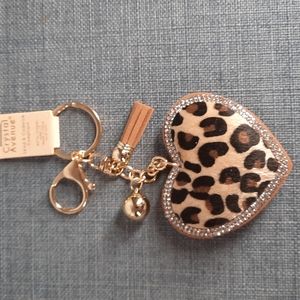 Leopard Print Heart Crystal Rhinestone Keychain Purse Charm Backpack Clip Gift